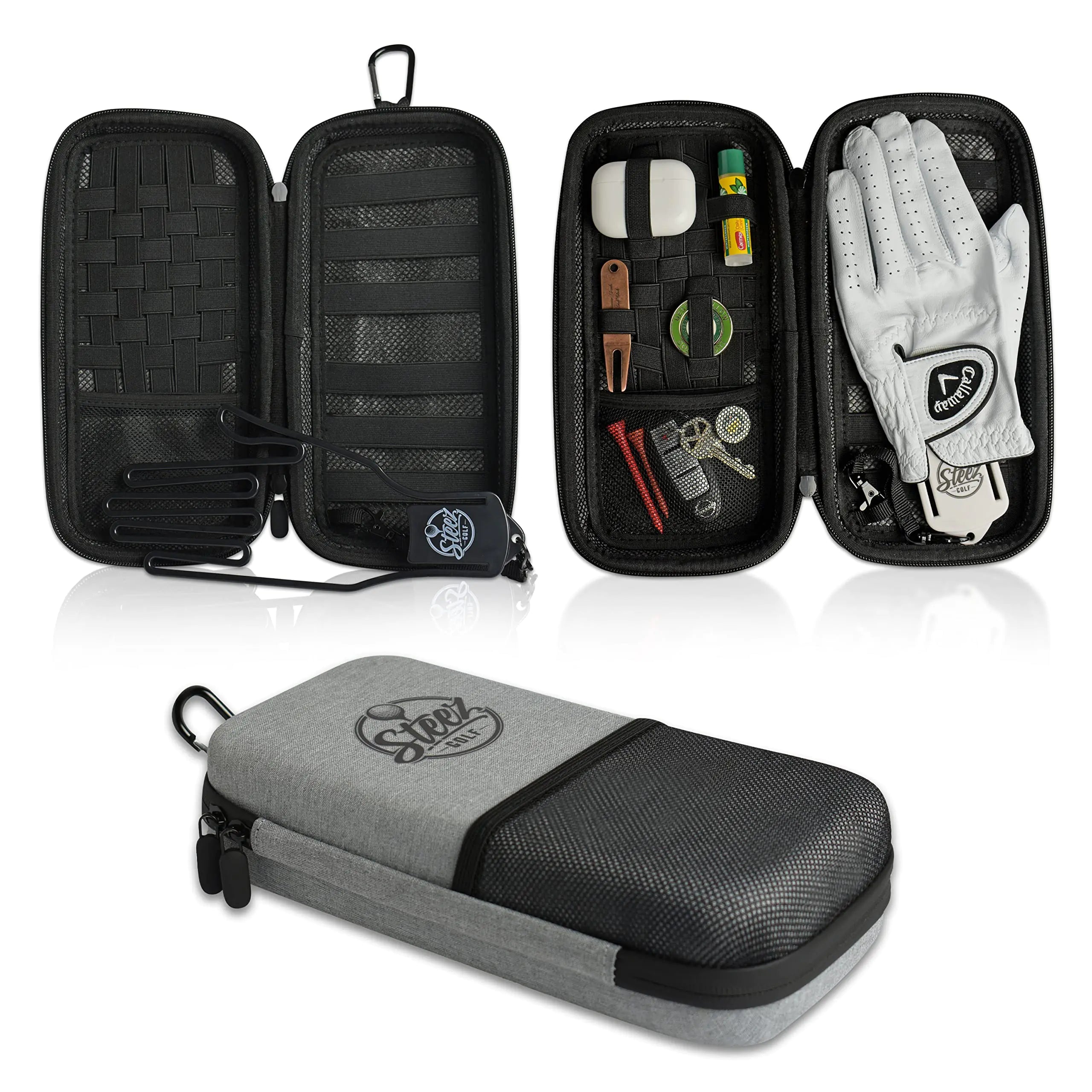 Steez Golf Accessory Case - Golf Bag Organizer. Airtight Water-Resistant Protective Hard Case for Phone Tees Ball Markers Repair Tools and Golf Essentials. Removable Golf Glove Hanger/Dryer