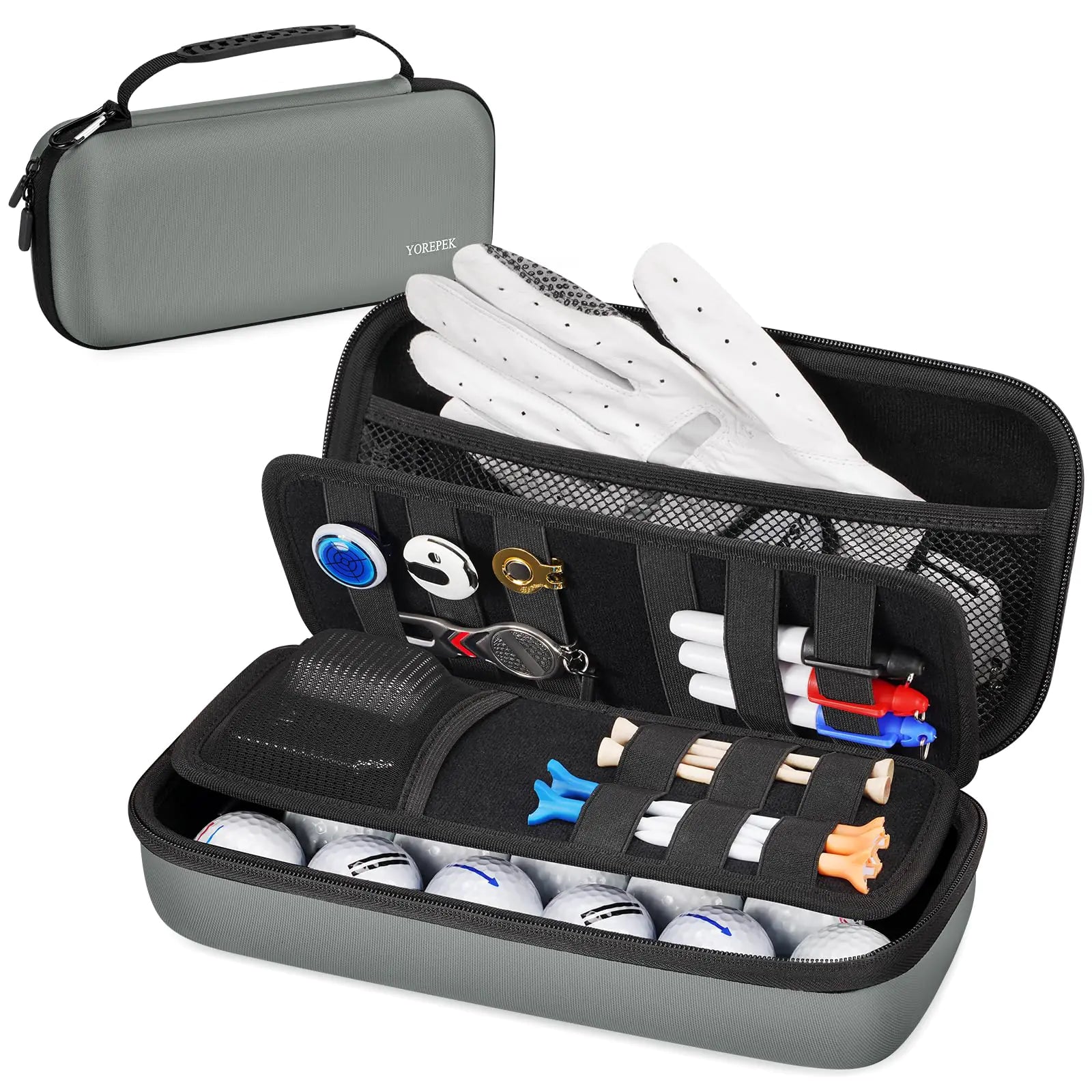 YOREPEK Golf Glove Holder with Removable Golf Glove Shaper Protective Hard Shell Golf Accessories Case Bag with 2 Dividers Fits Balls Tees Markers Golf Essentials Golf Gifts for Men (Grey)
