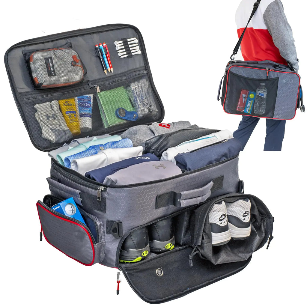 ENPI Golf Trunk Organizer & Travel Bag - Ample Storage for Golf Accessories & Golf Gear - 2 Shoe Compartments - Shoulder Strap - Ideal for Golf Enthusiasts & Gifts - Gray/Red Piping