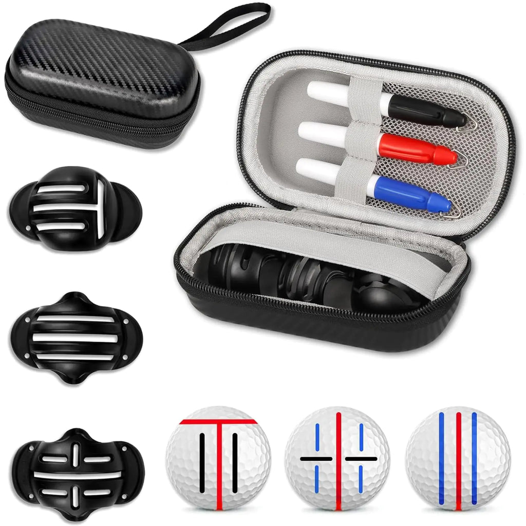 NIFUYOP Golf Ball Line Marker Tool 3 Golf Ball Marker Stencil and 3 Color Golf Ball Line Marker Golf Ball Alignment Marking Tool Golf Ball Stencil with Compact Case Easy to Carry Golf Ball Marker