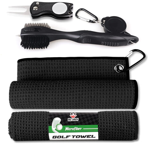 Big Crazy Golf Towel 2 Pack Golf Towel for Men Microfiber Waffle Golf Towel Golf Club Cleaner Brush Golf Divot Tool Golf Ball Marker Golf Accessories for Golf Bag Golf Gifts Black Grey Blue