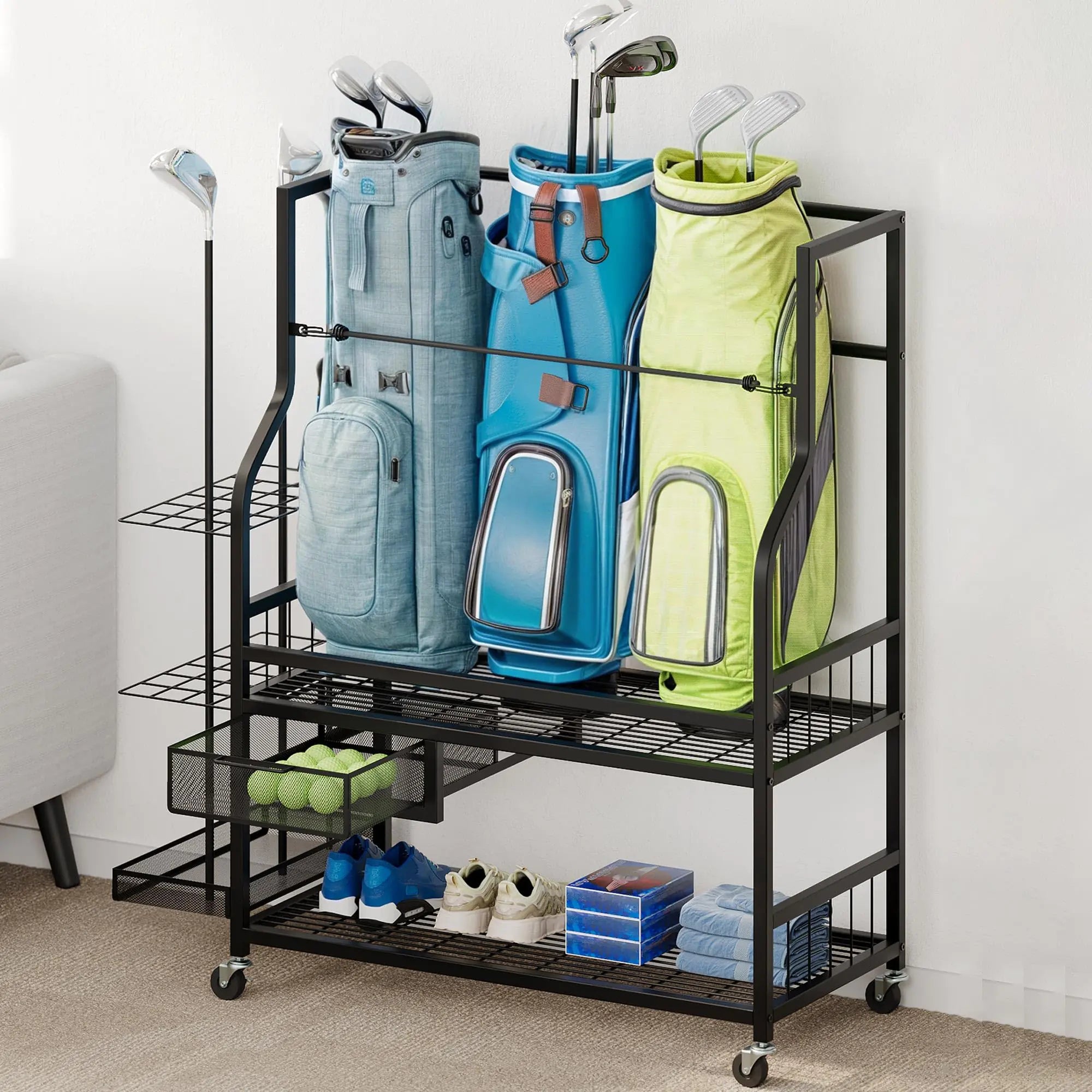 DWVO 3 Golf Bag Organizer with Drawer Golf Equipment Storage Rack w/Casters Golf Storage Organizer for Golf Bags Clubs Balls and Other Equipment Accessories