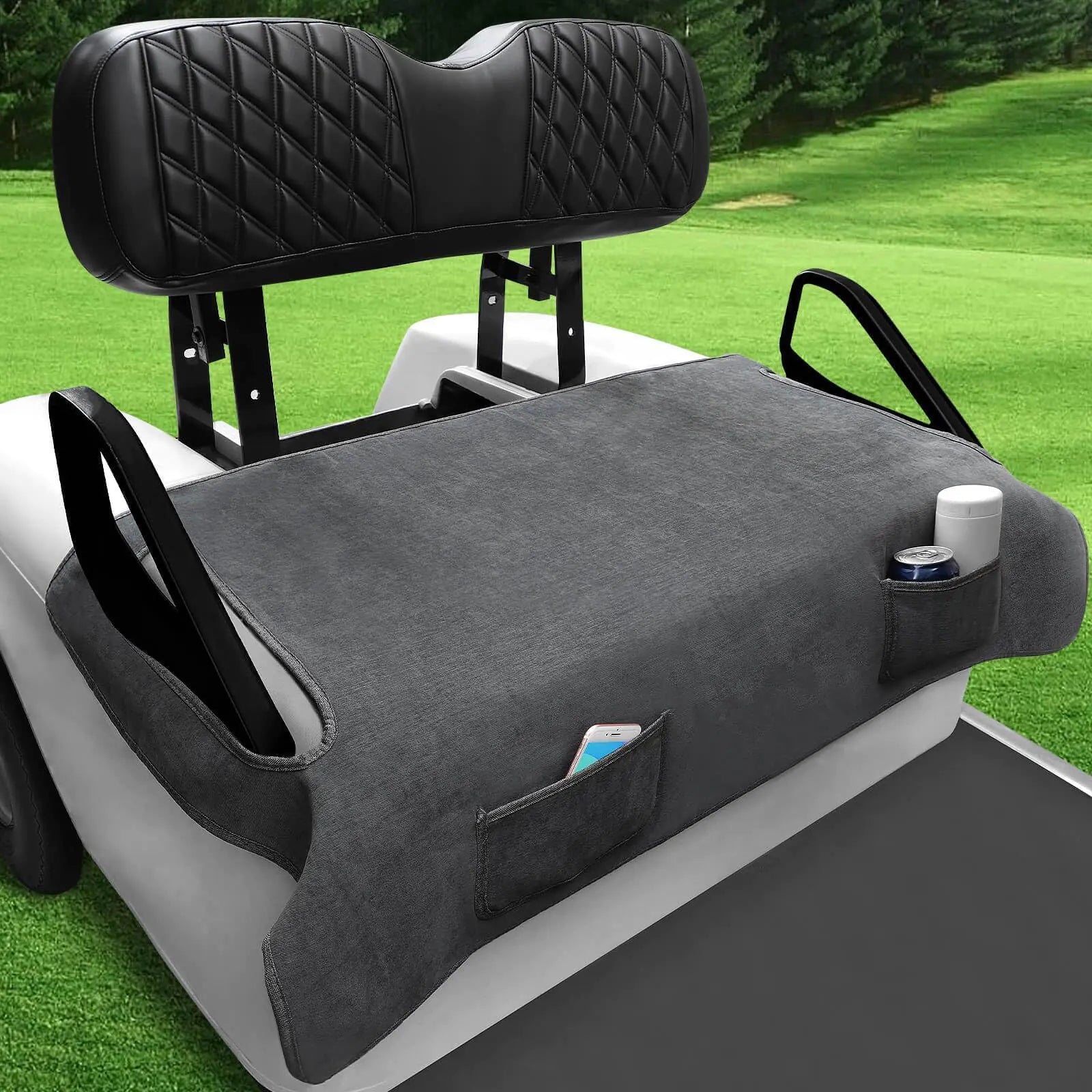 LEAPGOMAX Golf Cart Seat Blanket Covers Breathable Heavy Duty Universal Golf Cart Seat Blanket for Club Car DS Precedent EZGO TXT RXV Golf Carts with 2 Pockets for Your Golf Items