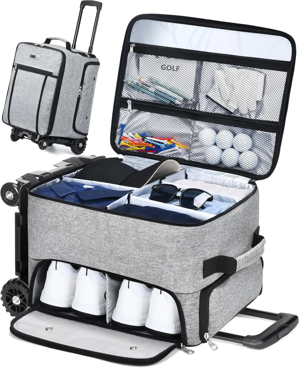 CAB55 Golf Trunk Organizer with 4 Wheels 2 Layer Waterproof Car Golf Organizer with Separate Ventilated Compartment for 2 Pair Shoes Golf Trunk Storage for Clothes Accessories Golf Gifts (Gray)