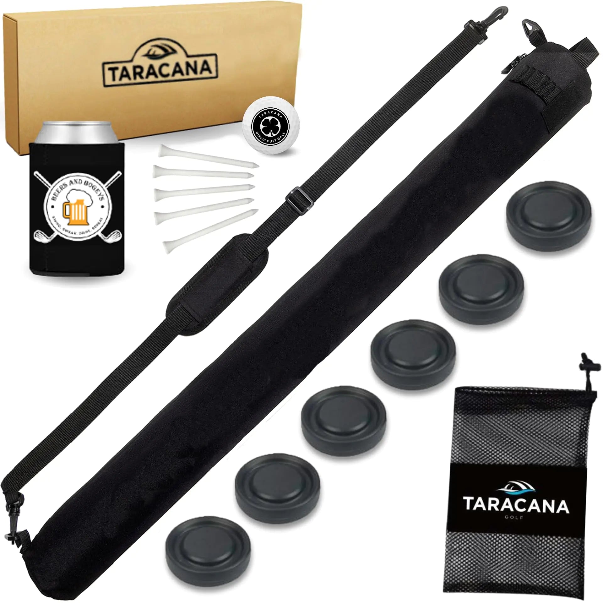 TARACANA Golf Bag Cooler Sleeve Gift Set - Discreet Black 6 Can Golf Kit Cooler Sleeve with ArcticChill Ice Coasters. Must Have Golf Accessories & Golf Tools. Makes a Great Golf Birthday Gift.