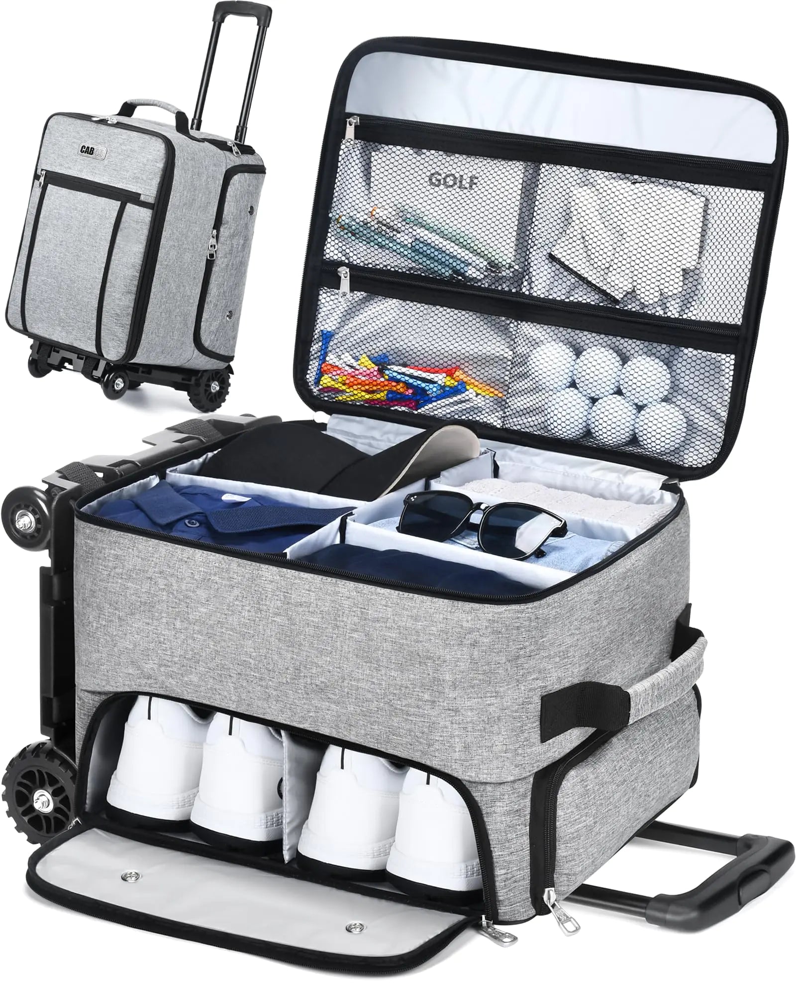 CAB55 Golf Trunk Organizer with 4 Wheels 2 Layer Waterproof Car Golf Organizer with Separate Ventilated Compartment for 2 Pair Shoes Golf Trunk Storage for Clothes Accessories Golf Gifts (Gray)